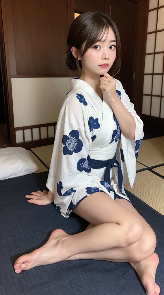 Highest quality, figure, Super detailed, In detail, High resolution, 8k wallpaper, Perfect dynamic composition, Beautiful attention to detail, Japanese Beauty、Brown Hair、Sleeping in a pile、Pitch-Dark Room、Japanese-style room、Yukata at a Ryokan、barefoot、White panties visible from the bottom of the yukata、Yukata comes off、Sleeping on your back、Spread your legs