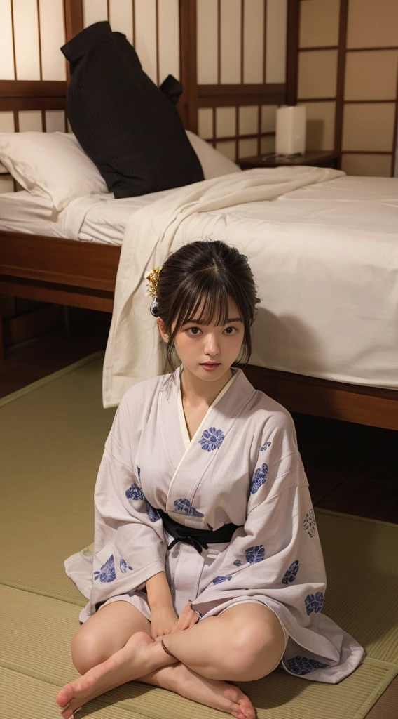 Highest quality, figure, Super detailed, In detail, High resolution, 8k wallpaper, Perfect dynamic composition, Beautiful attention to detail, Japanese Beauty、Brown Hair、Sleeping in a pile、Pitch-Dark Room、Japanese-style room、Yukata at a Ryokan、barefoot、White panties visible from the bottom of the yukata、Yukata comes off、Sleeping on your back、Spread your legs