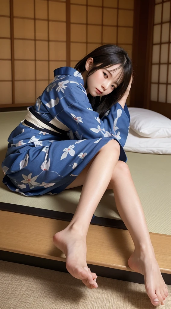 Highest quality, figure, Super detailed, In detail, High resolution, 8k wallpaper, Perfect dynamic composition, Beautiful attention to detail, Japanese Beauty、Brown Hair、Sleeping in a pile、Pitch-Dark Room、Japanese-style room、Yukata at a Ryokan、barefoot、White panties visible from the bottom of the yukata、Yukata comes off、Sleeping on your back、Spread your legs