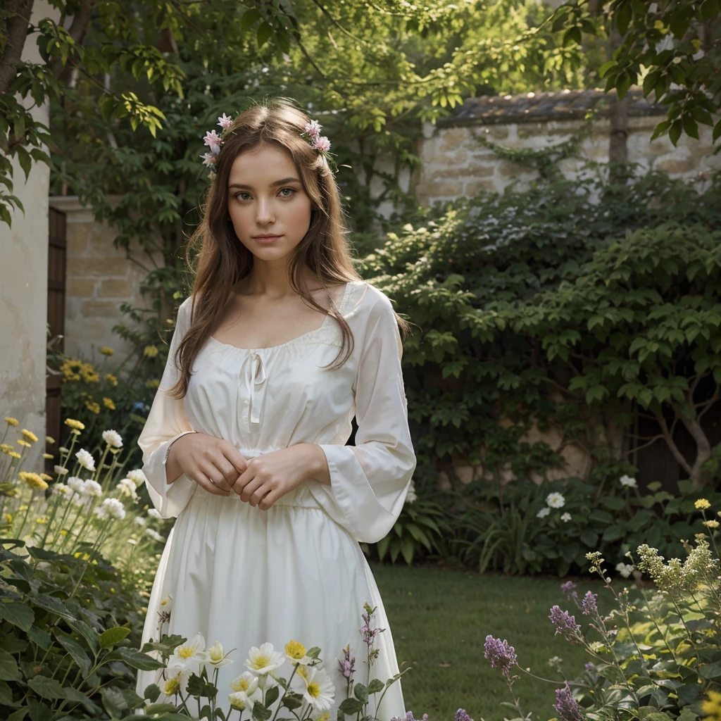 visage extrêmement détaillé, Longs cheveux bruns, vêtements élégants, expression confiante, debout dans un jardin animé, entouré de fleurs colorées et de feuillage vert, avec la lumière du soleil l'éclairant par derrière, créer une atmosphère douce et chaleureuse, la représentant dans un style réaliste, showcasing the couleurs vives of the flowers and the intricate details of her face and clothing, avec une touche d'effet bokeh pour ajouter de la profondeur et de la dimension à la scène. (Meilleure qualité, 4k, haute résolution, ultra-détaillé, Photoréaliste), (portraits, nature, couleurs vives), (tons chauds, bokeh), (éclairage de studio, netteté), (professionnel).