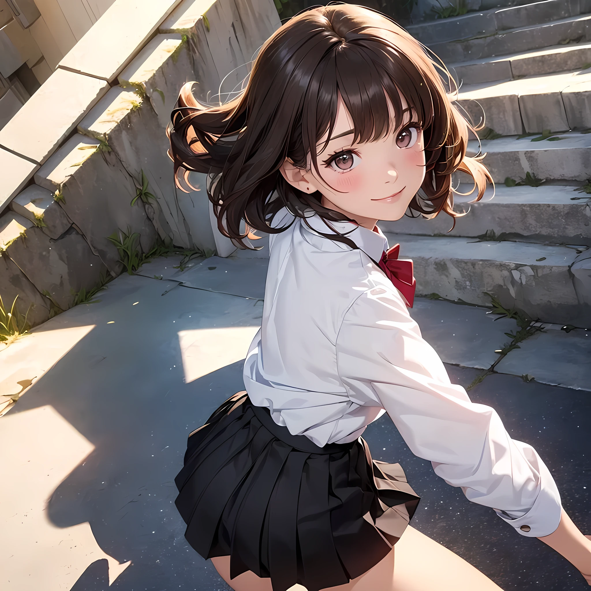 ((Tabletop, Highest quality, High resolution, Hmph, Pixel perfect,  4K, Hmph, Hmph))), One Girl, single, alone, Beauty、The whole body is visible、 ((Short Wavy Hair, bangs, Brown Hair)), ((Brown eyes, Beautiful eyelashes, Realistic eyes)), ((Detailed face, blush:1.2)), ((Smooth texture:0.75, Realistic texture:0.65, Realistic:1.1, Anime CG style)), Medium chest, Dynamic Angle, Perfect body,  ((Red bow tie, , , White shirt, Black Skirt, Checked skirt))、Station stairs、the wind is strong、Very embarrassing panic smile、looked back、I can see her ass sticking out in front of me........、Looking up from the bottom of the stairs、 (The wind blew up her skirt、Touch the skirt with both hands、、I can see the whole butt、Pink floral panties)、