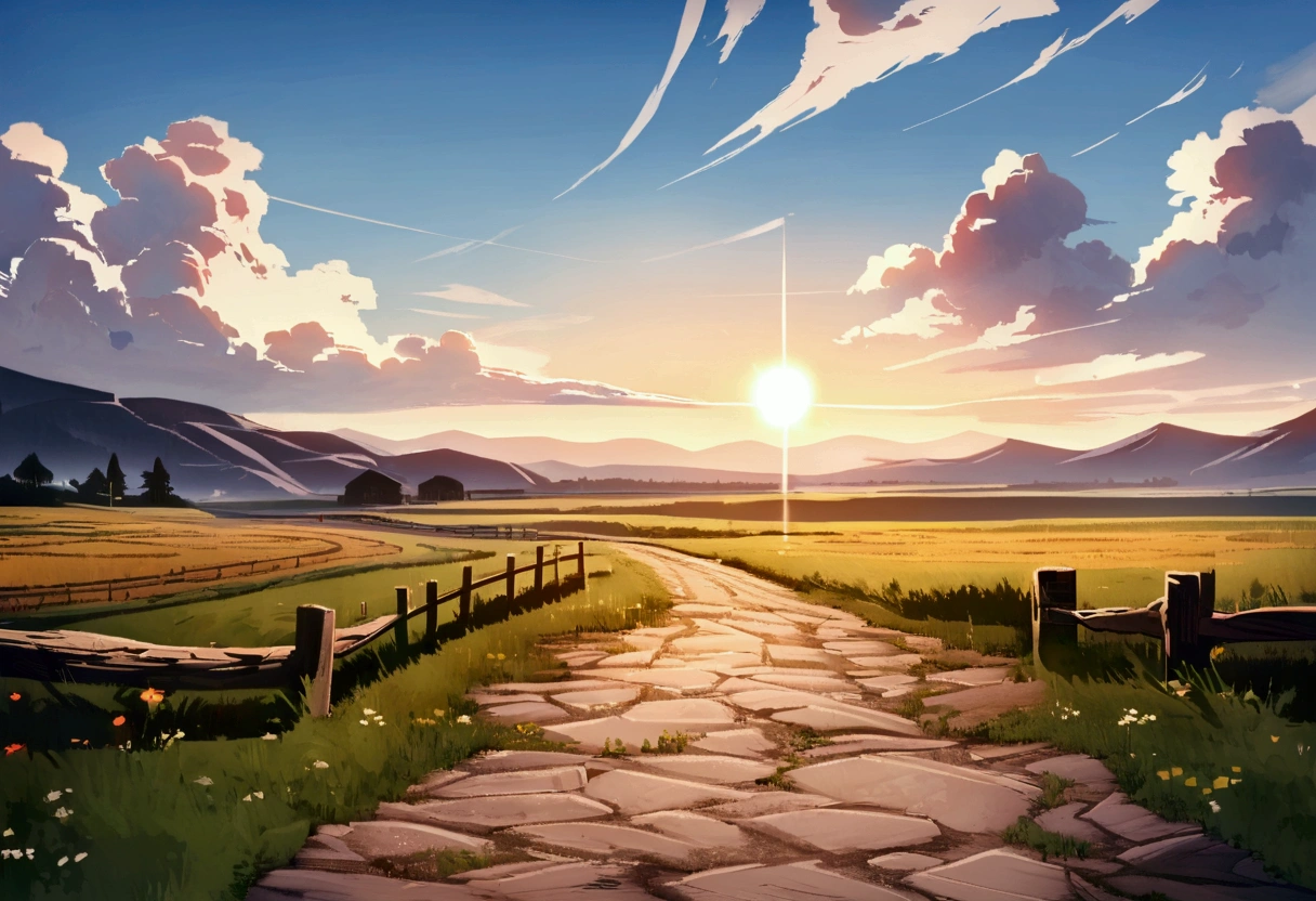 Fantasy,unmanned,background,Plains,Horse driveway,wood々,Beautiful blue sky,Light of the sun,A few small clouds,Daytime scenery,The meandering road