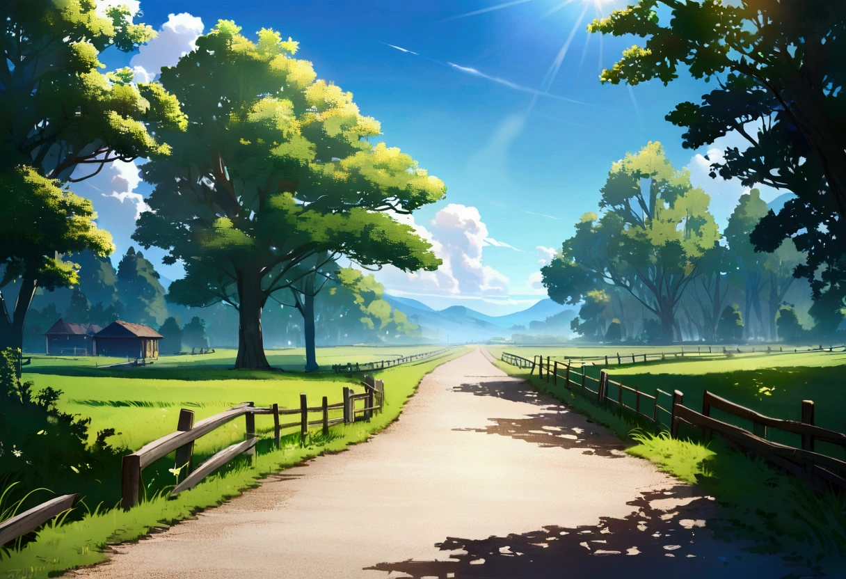 Fantasy,unmanned,background,Plains,Horse driveway,wood々,Beautiful blue sky,Light of the sun,A few small clouds,Daytime scenery,The meandering road