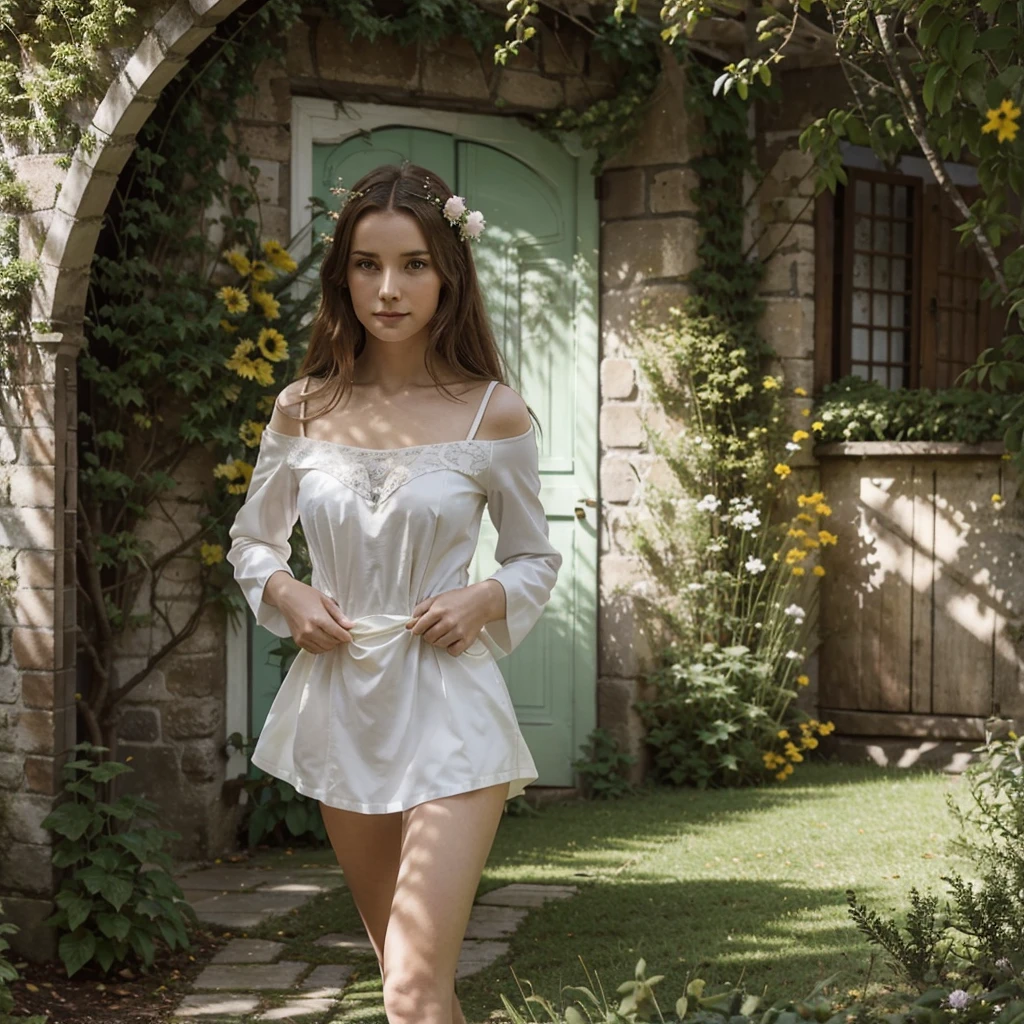 visage extrêmement détaillé, Longs cheveux bruns, vêtements élégants, expression confiante, debout dans un jardin animé, entouré de fleurs colorées et de feuillage vert, avec la lumière du soleil l&#39;éclairant par derrière, créer une atmosphère douce et chaleureuse, la représentant dans un style réaliste, showcasing the couleurs vives of the flowers and the intricate details of her face and clothing, avec une touche d&#39;effet bokeh pour ajouter de la profondeur et de la dimension à la scène. (Meilleure qualité, 4k, haute résolution, ultra-détaillé, Photoréaliste), (portraits, nature, couleurs vives), (tons chauds, bokeh), (éclairage de studio, netteté), (professionnel).
