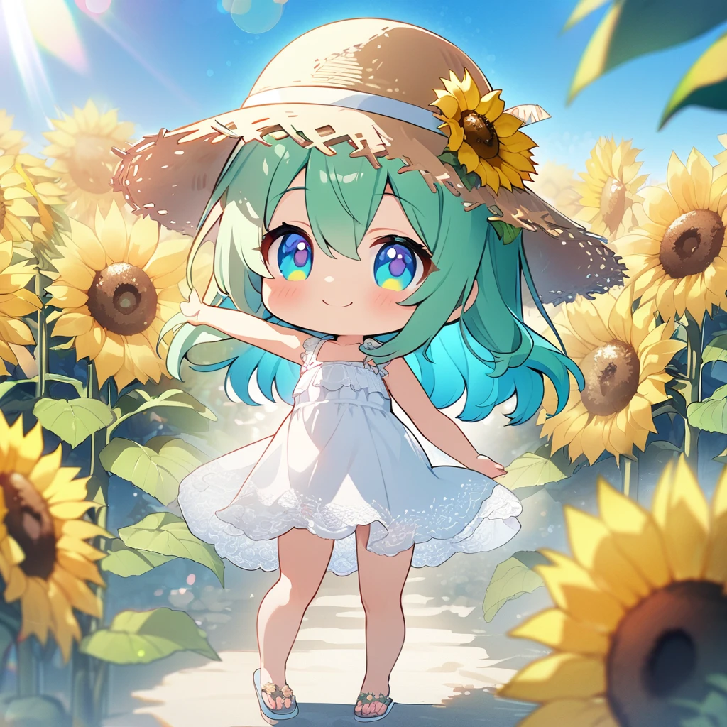 masterpiece, best quality, 4k、2D illustration, one beautiful girl, solo、(((chibi style)))、((vivid colors))、cute chibi, lovely chibi、((colorful))、cute pose, ((long beautiful hair)), glossy light green hair, hair between eyes, cute, beautifully detailed eyes、((lacy white summer dress))、((straw hat))、((hibiscus hair ornament)), flip-flops, ((happy smile))、((full body shot))、((sunflower field))、((gentle breeze))、((blue sky))、sunbeam, white light, ((lens flare)), ((high color saturation)),
