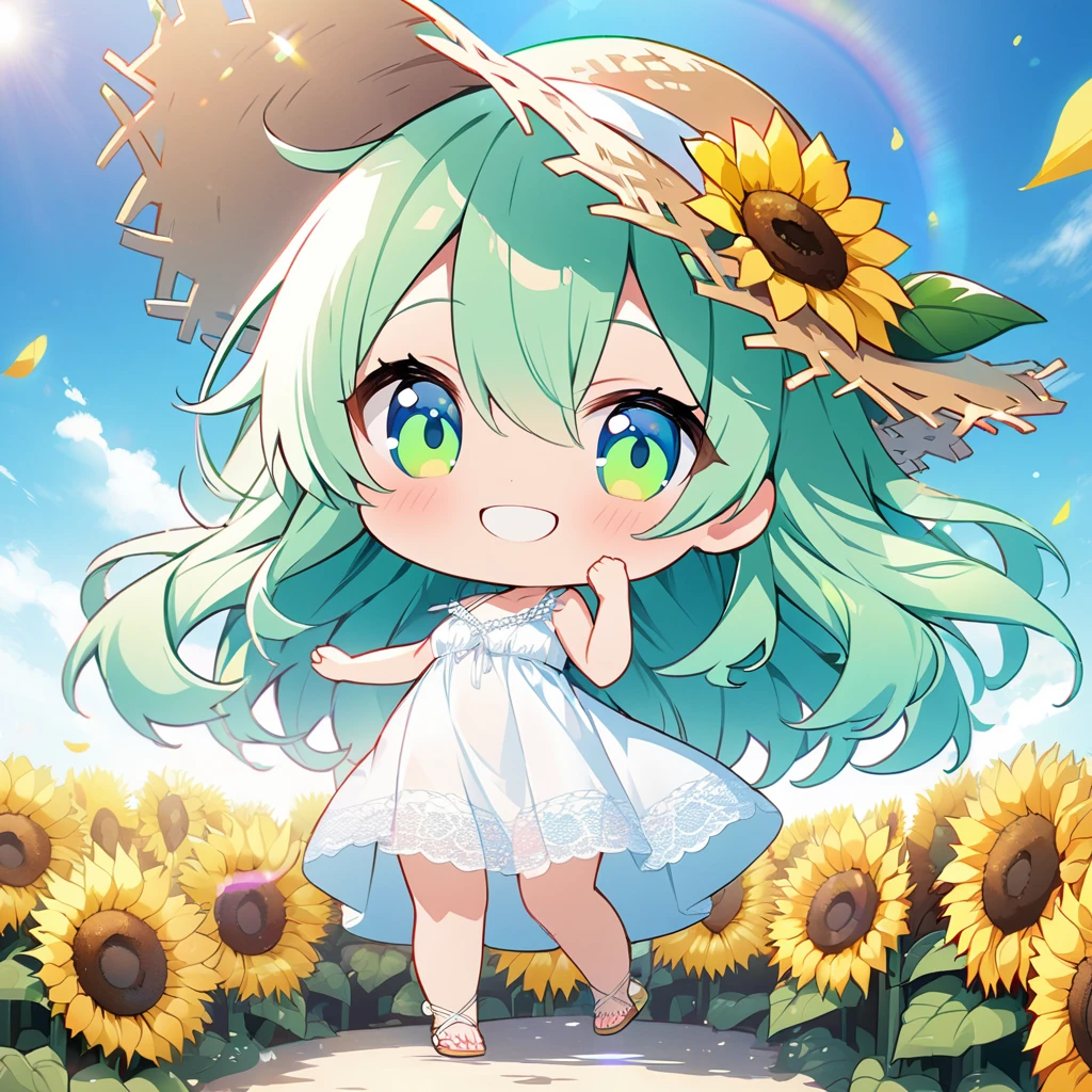 masterpiece, best quality, 4k、2D illustration, one beautiful girl, solo、(((chibi style)))、((vivid colors))、cute chibi, lovely chibi、((colorful))、cute pose, ((long beautiful hair)), glossy light green hair, hair between eyes, cute, beautifully detailed eyes、((lacy white summer dress))、((straw hat))、((hibiscus hair ornament)), flip-flops, ((happy smile))、((full body shot))、((sunflower field))、((gentle breeze))、((blue sky))、sunbeam, white light, ((lens flare)), ((high color saturation)),