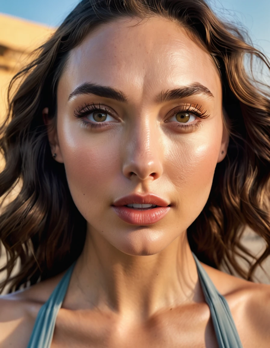 A GoPro selfie of stunning Gal Gadot in movie set, vintage aesthetic, featuring expressive opened eyes, perfect skin, look serious, a flawless face, expressive eyes, perfect face, wavy long brown hair, highly detailed features, a photographic 35mm shot, golden hour lighting, cinematic illumination, extreme realism, sweat, and a pastel-colored background. The image is captured in stunning Ultra HD with a Nikon D850, ultra realistic Details, 4k, photorealistic, (masterpiece), best quality