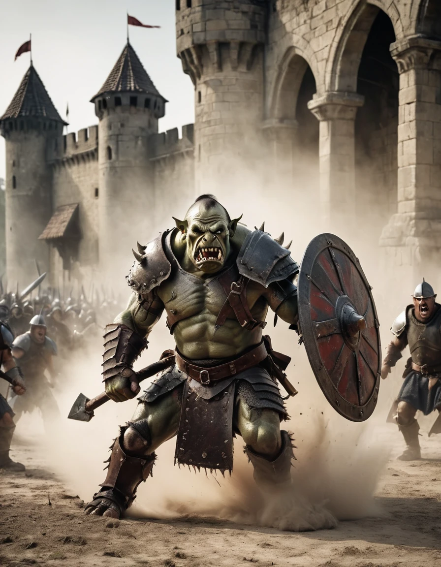 A photo oF a (imposing orc warrior:1.3), Snarling expression, (battle-worn armor:1.2), wielding a (huge war shield and club:1.1), medieval siege scene, (attacking soldiers:1.1) In combat, imposing castle Fortress, (dusty battleField:1.1), dynamic action, courageous atmosphere, Canon EOS-1D X Marcos II, 1/320s, F/5.6, iso 200, film composition, war-torn landscape, Raw photo, proFessional grade,