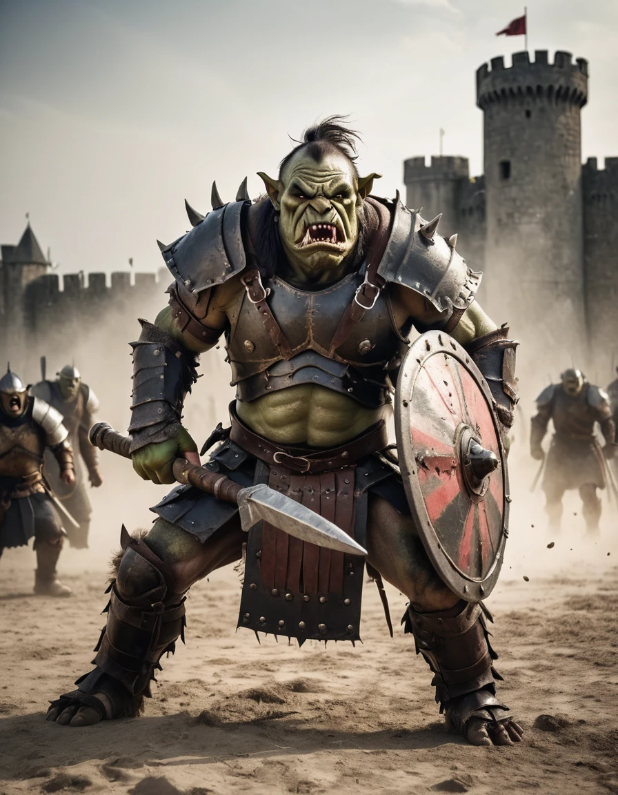 A photo oF a (imposing orc warrior:1.3), Snarling expression, (battle-worn armor:1.2), wielding a (huge war shield and club:1.1), medieval siege scene, (attacking soldiers:1.1) In combat, imposing castle Fortress, (dusty battleField:1.1), dynamic action, courageous atmosphere, Canon EOS-1D X Marcos II, 1/320s, F/5.6, iso 200, film composition, war-torn landscape, Raw photo, proFessional grade,