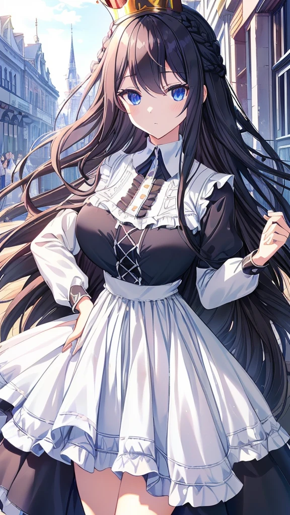 best quality, extremely detailed,anime style girl,long hair down to the waist, straight hair, ((dark black hair with bluish)),((crown braid)),beautiful detailed eyes, pinched eyes, (dark blue eyes),huge breasts,curvy,((((white main casual princess dress)))),((casual wear)),clothing with complex patterns,cool expression,((((western street)))),Sunlight,Diagonal angle