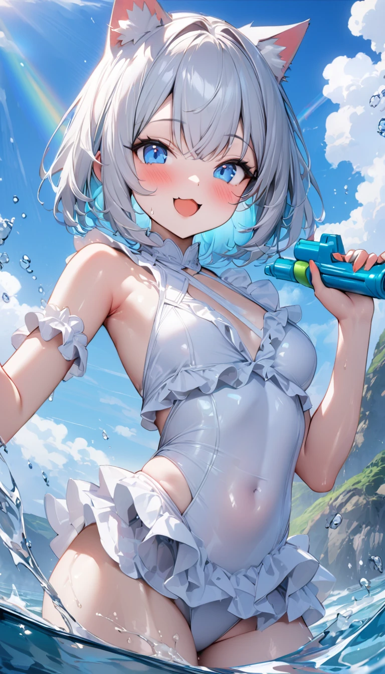 (((最high quality)), ((masterpiece)), (detailed), masterpiece, 最high quality, high quality, 超detailed, Perfect Face, ((One girl, blue eyes, Cat ear: 1.3 Silver Bob Hair: 2.5,)) 、Shiny Hair、Glowing Skin、blush、Amorous expression、Side bust、valley、Coastal、Water Play、holding water pistol、splash、smile、blue sky、A big rainbow shines、white one-piece swimsuit with ruffles、