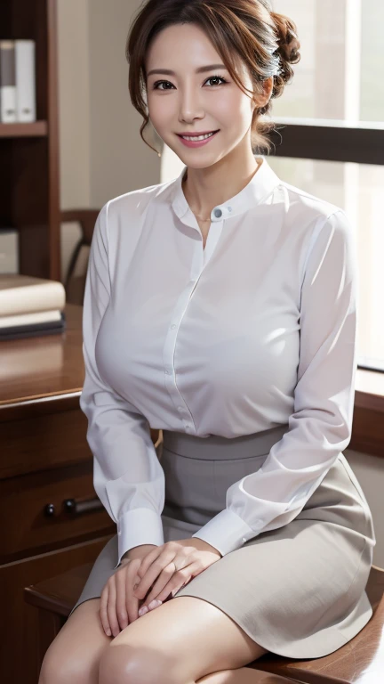 Full Body Shot,,40 years old,Mature Woman,detailedな目,Wrinkles around the eyes,A kind smile,,(masterpiece:1.3, Highest quality), 複雑なdetailed, Written boundary depth,detailed, (Elegant Good 1.2)、((Large Breasts:1.1))(White blouse with collar),(Grey tight skirt)、8k,Highest quality, masterpiece, Ultra-high resolution,, (Updo)、Office desk、Internal Floor、Bright afternoon sunshine、A gentle smile、A gaze that seduces viewers、