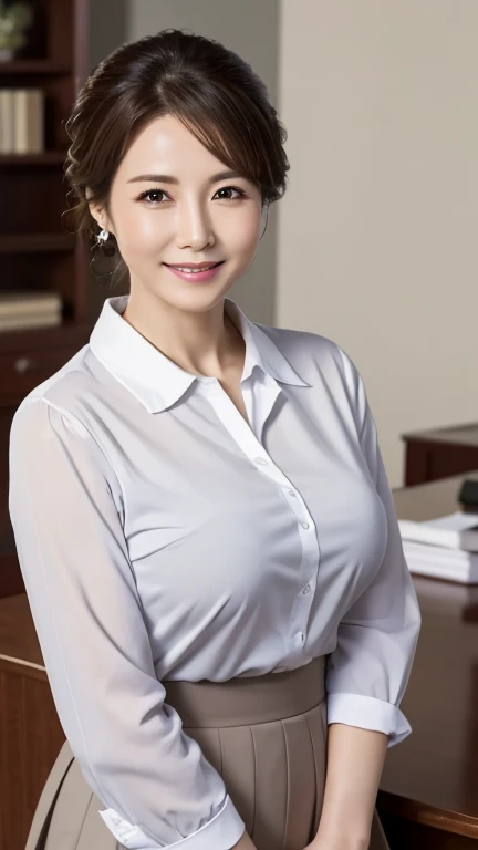 Full Body Shot,,40 years old,Mature Woman,detailedな目,Wrinkles around the eyes,A kind smile,,(masterpiece:1.3, Highest quality), 複雑なdetailed, Written boundary depth,detailed, (Elegant Good 1.2)、((Large Breasts:1.1))(White blouse with collar),(Grey tight skirt)、8k,Highest quality, masterpiece, Ultra-high resolution,, (Updo)、Office desk、Internal Floor、Bright afternoon sunshine、A gentle smile、A gaze that seduces viewers、