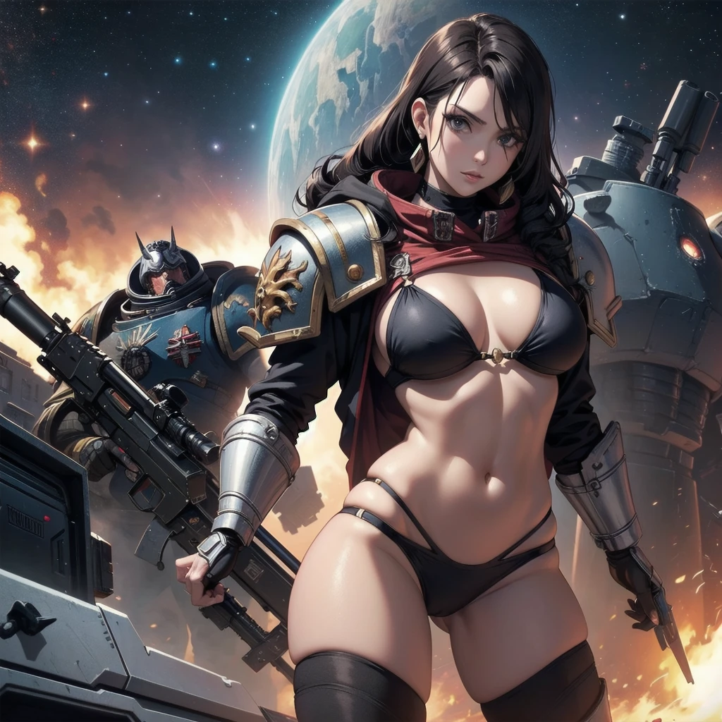 Female Warhammer 40k Space Marine, Sexy pose, Armored Bikini, Posing on the bridge of a Space Dreadnought, Has a Space Marine assault rifle,