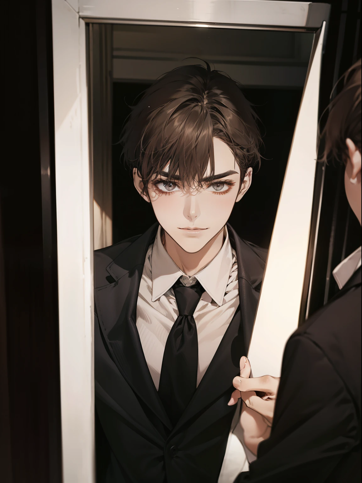 work of art, best qualityer, realisitic, 1 person, mature man, quiet and charming young man, age 25, serious look, cloused mouth, portraite, extreme detailed face, cold smile, ((dark gray eyes)), ((Straight Sweep Short Dark Brown Hair)), [thick eyebrows], ((Suit)), bonitas, lesbian full body, western, Jewish, light brown skin,Stand in front of the mirror，Organize your clothes
