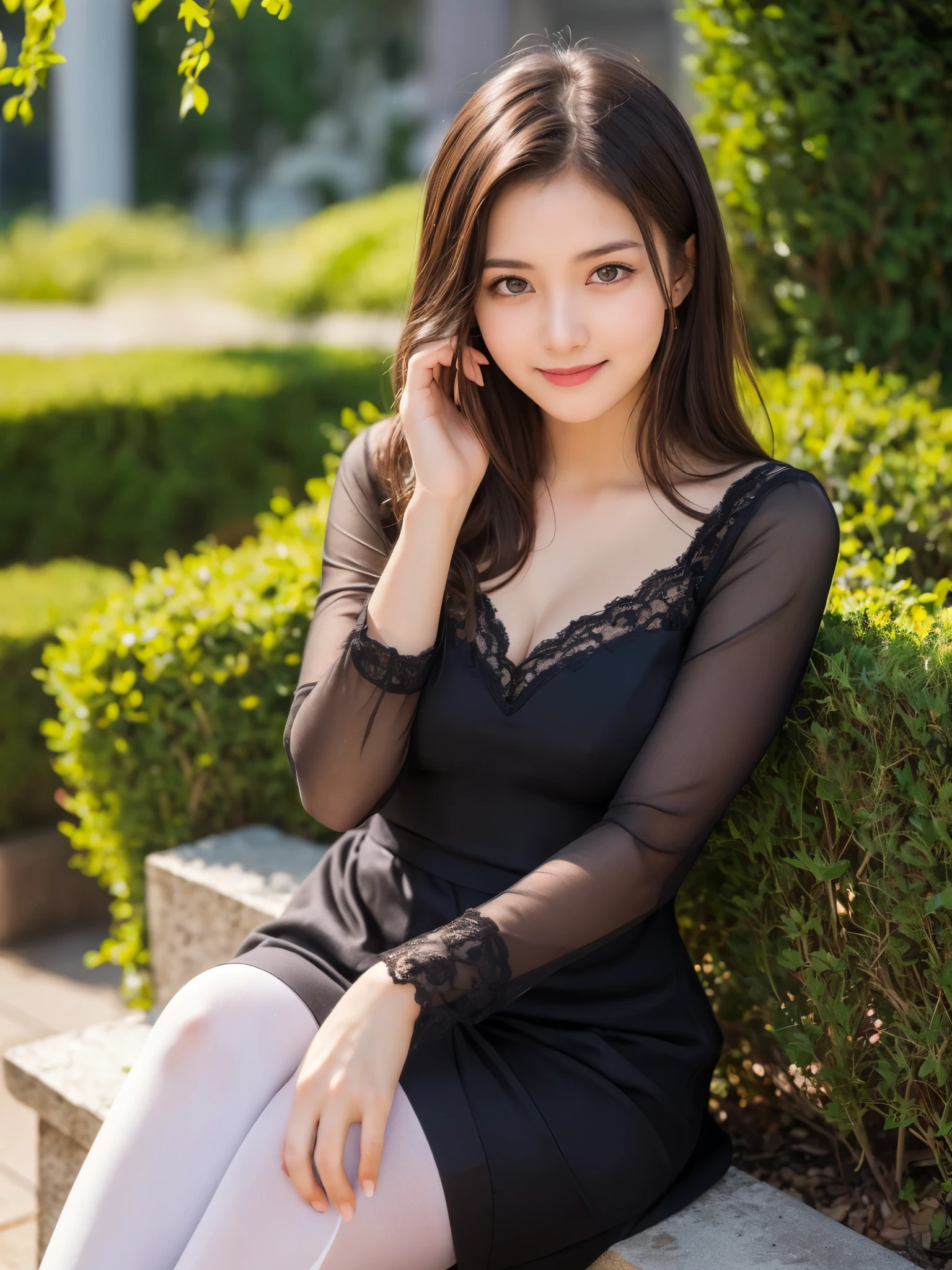 ((Highest quality, 8k, masterpiece :1.3)), One girl, smile, whole body, Slim face, Beautiful woman, (Dark brown hair), Full-length dress :1.1, Ultra-realistic pantyhose、Highly detailed face, Detailed eyes, double eyelid,  Blur the background, Slim face, Night garden、Silence、Feeling of love、