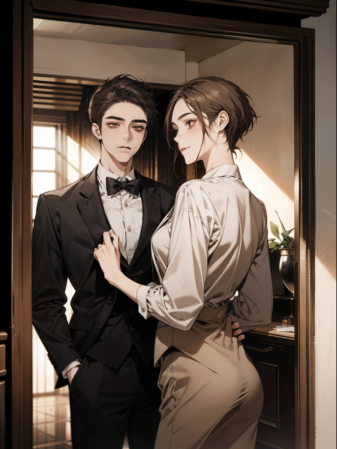 work of art, best qualityer, realisitic, 1 person, mature man, quiet and charming young man, age 25, serious look, cloused mouth, portraite, extreme detailed face, cold smile, ((dark gray eyes)), ((Straight Sweep Short Dark Brown Hair)), [thick eyebrows], ((Suit)), bonitas, lesbian full body, western, Jewish, light brown skin,Stand in front of the mirror，Organize your clothes