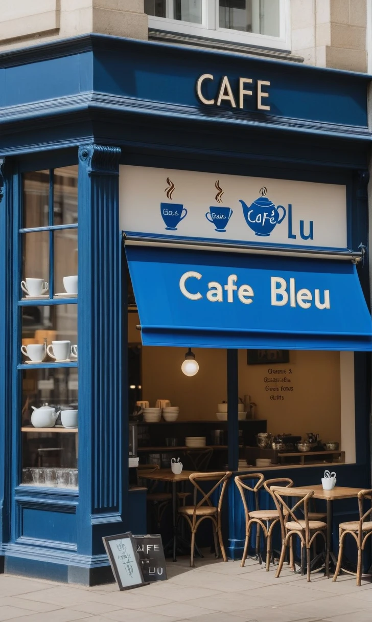 make a cafe with a sign that says Café Bleu