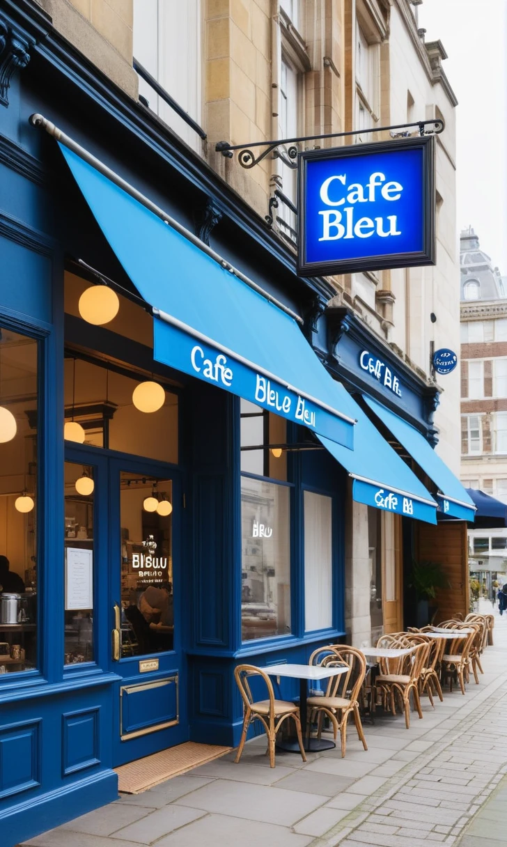 make a cafe with a sign that says Café Bleu