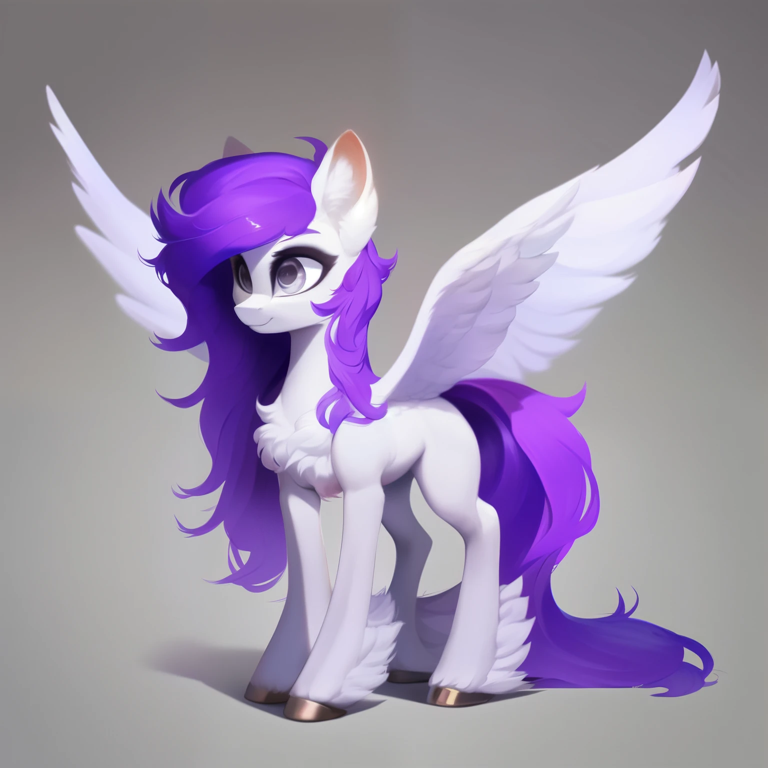 rating_safe, score_9, fluffy, feral pegasus pony, female, light purple body, very dark purple hair,very long hair, Clear and bright grey eyes, full body,only 4 legs。darkness,.spread wings