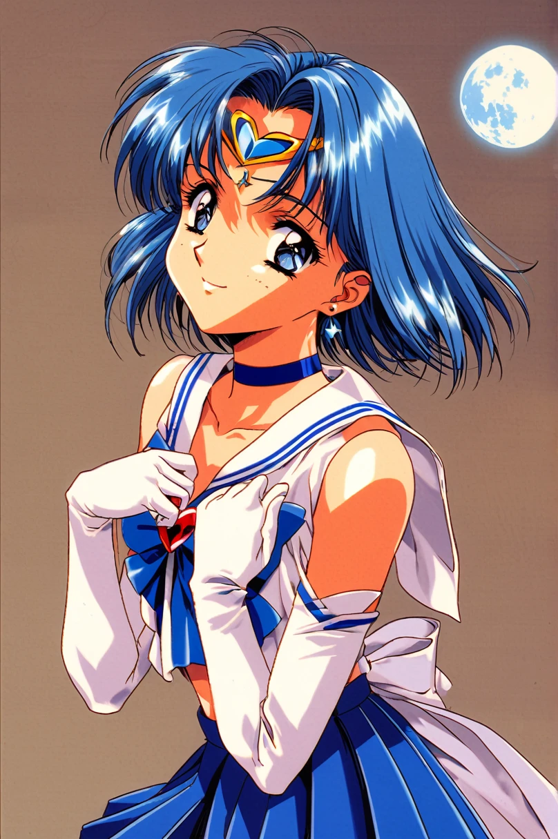 One girl,alone,Sailor Warrior Uniform,gloves,Magical girl,blue eyes,skirt,choker,bow,short hair,tiara,Blue Hair,jewelry,elbow gloves,Sailor collar,white gloves,Sailor Mercury,Earrings,blue skirt,smile,blue Sailor collar,full moon,blue choker,water野亜美,brooch,Place your hand on your chest,pleated skirt,Circlet,water,null,View your viewers,1990s \(style\),retro artstyle,