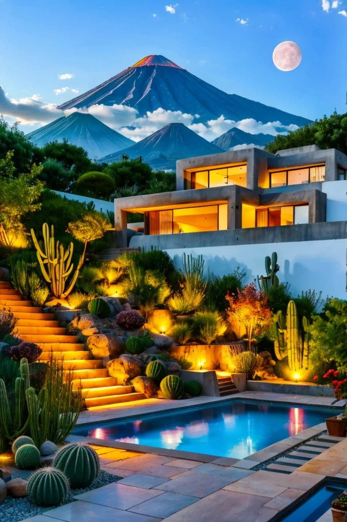 Multiple houses, brutalism style, Luis Barragán, Mountains in background, river, pool, terraces, stairs, garden terraces, trees, beautiful clouds, moon, sun, detailed, cacti, boulders, volcanic rocks, fuggy, river, lake, Violet, orange, olive green, blue, magenta, amazing volcano in horizont, beautiful garden design