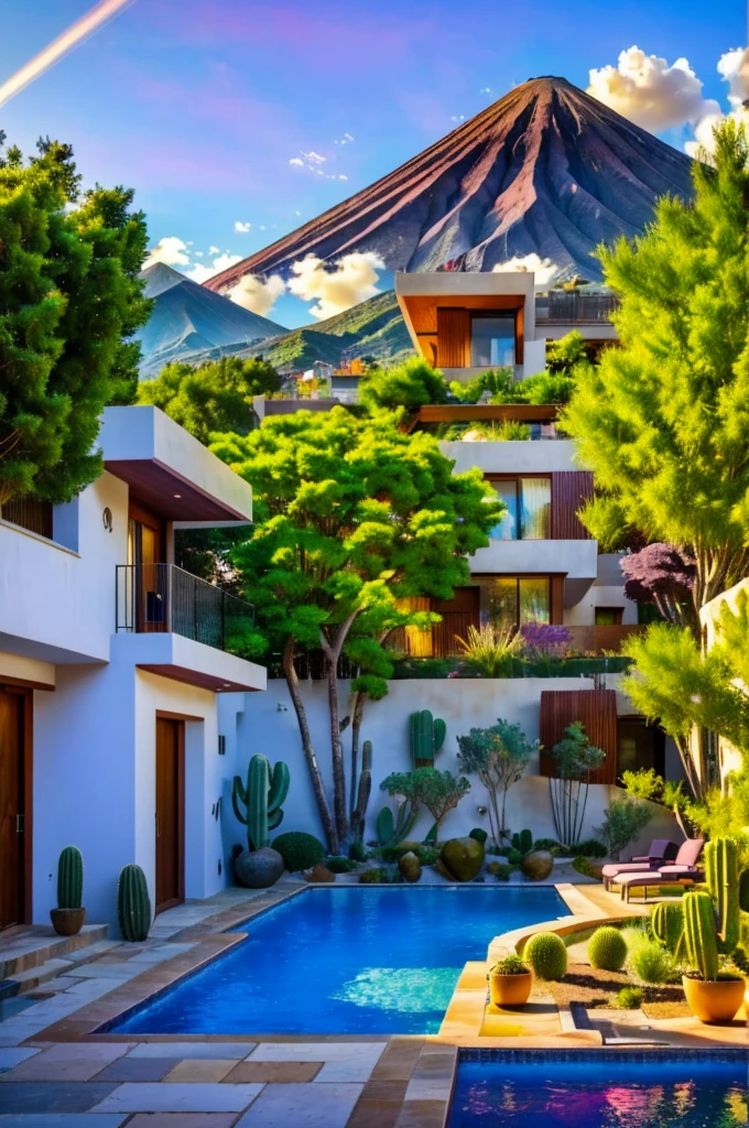 Multiple houses, brutalism style, Luis Barragán, Mountains in background, river, pool, terraces, stairs, garden terraces, trees, beautiful clouds, moon, sun, detailed, cacti, boulders, volcanic rocks, fuggy, river, lake, Violet, orange, olive green, blue, magenta, amazing volcano in horizont, beautiful garden design