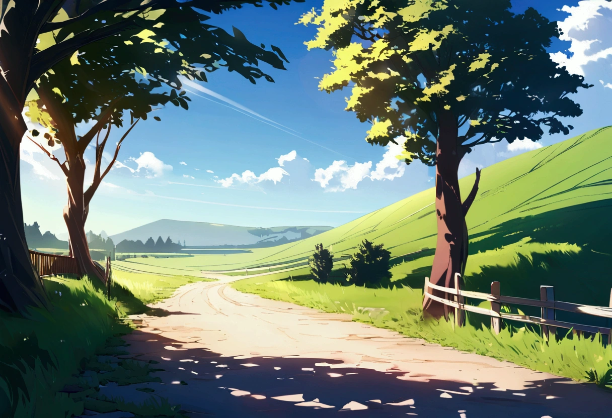 Fantasy,unmanned,background,Plains,Horse driveway,wood々,Beautiful blue sky,Light of the sun,A few small clouds,Daytime scenery,The meandering road,in the morning,Plains,,
