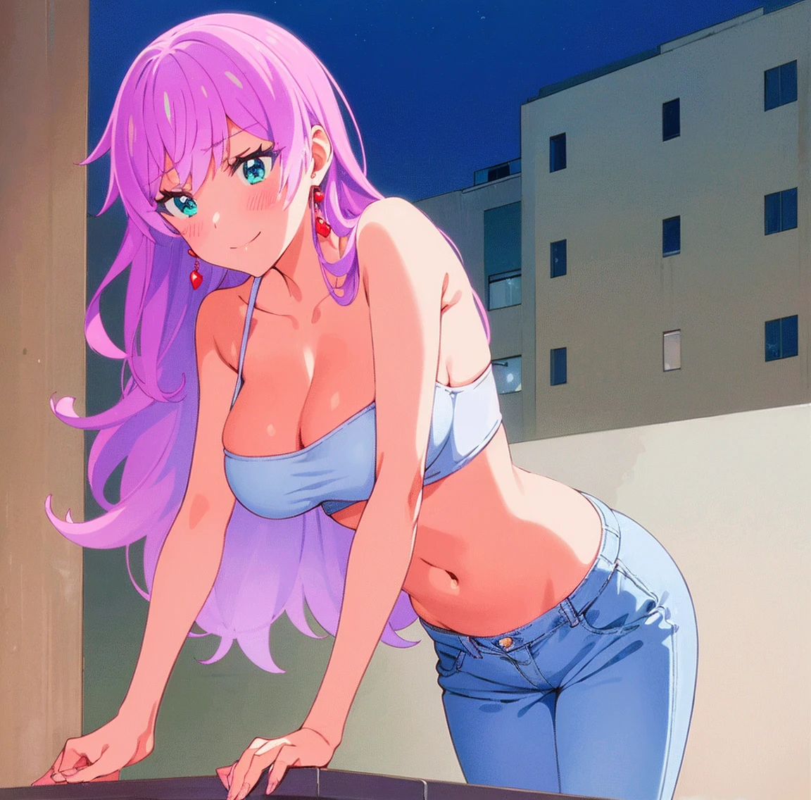 ((1girl)),((alone)), akari watanabe,(masterpiece), (best quality), (ultra detailed), (best illustration), (best shadow), (absurdities), sharp focus, cowboy photo , looking at viewer, big breasts, narrow waist, wide hips, medium thighs, round butt, dynamic posture, long hair, pink hair, blue eyes, , jewelry, earrings, pink top with white lace, tight top, neckline, collarbone, bare shoulders, waist, navel, denim jeans, skinny jeans, pink heels, smiling, playful look, seductive smile, closed mouth, serious expression, ( sexy pose: 1.2), ((solo)), standing: 1.3, outdoor, night, cityscape, city, streets, city lights, looking back, from behind, ((focus on ass), point of view (from below), red blush, perfect anatomy, perfect hands.