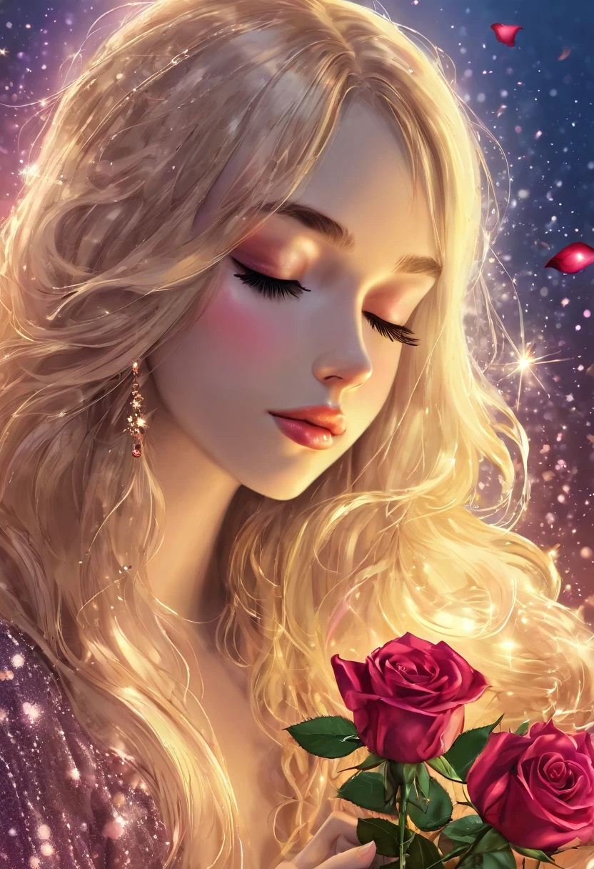 Fantastic background Beautiful girl is holding a rose and smelling it with her eyes closed Sparkling long hair Long eyelashes Blonde long hair Holding a rose with both hands Golden sparkling rose