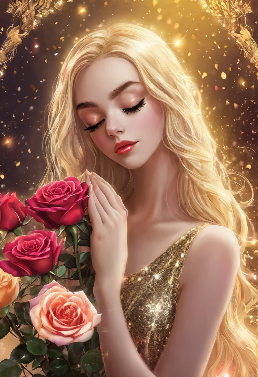 Fantastic background Beautiful girl is holding a rose and smelling it with her eyes closed Sparkling long hair Long eyelashes Blonde long hair Holding a rose with both hands Golden sparkling rose