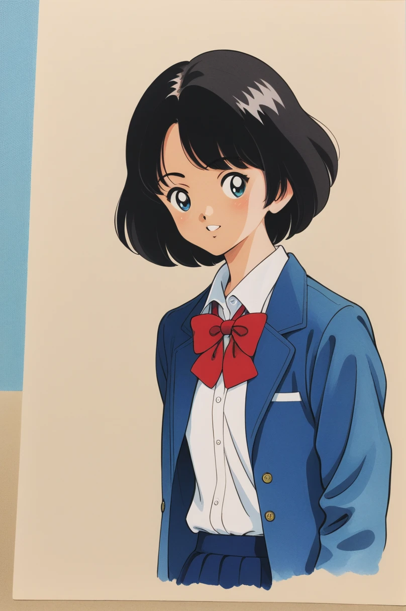 One girl,alone,Black Hair,short hair,bow,shirt,red bow,white shirt,Jacket,Long sleeve,bowtie,red bowtie,superiorper body,collared shirt,,blue Jacket,skirt,Traditional Media,score_9,score_8_superior,