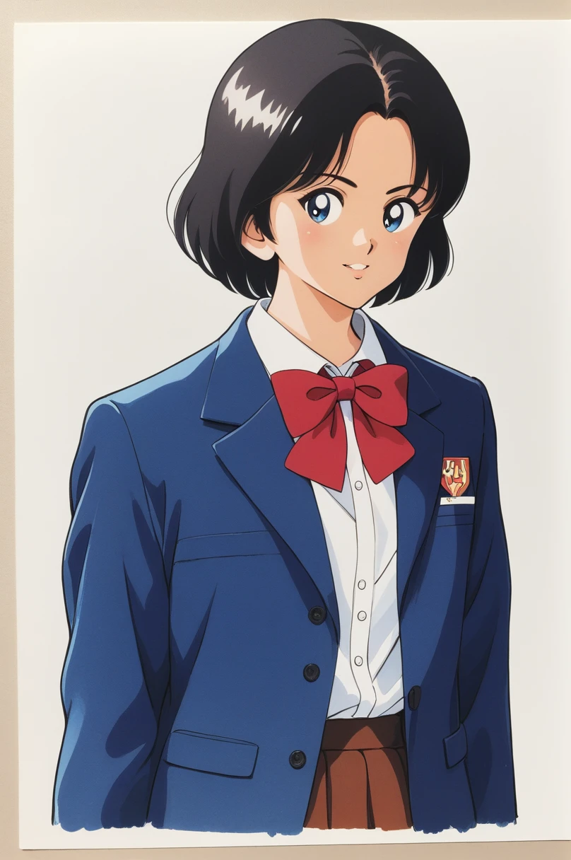 One girl,alone,Black Hair,short hair,bow,shirt,red bow,white shirt,Jacket,Long sleeve,bowtie,red bowtie,superiorper body,collared shirt,,blue Jacket,skirt,Traditional Media,score_9,score_8_superior,