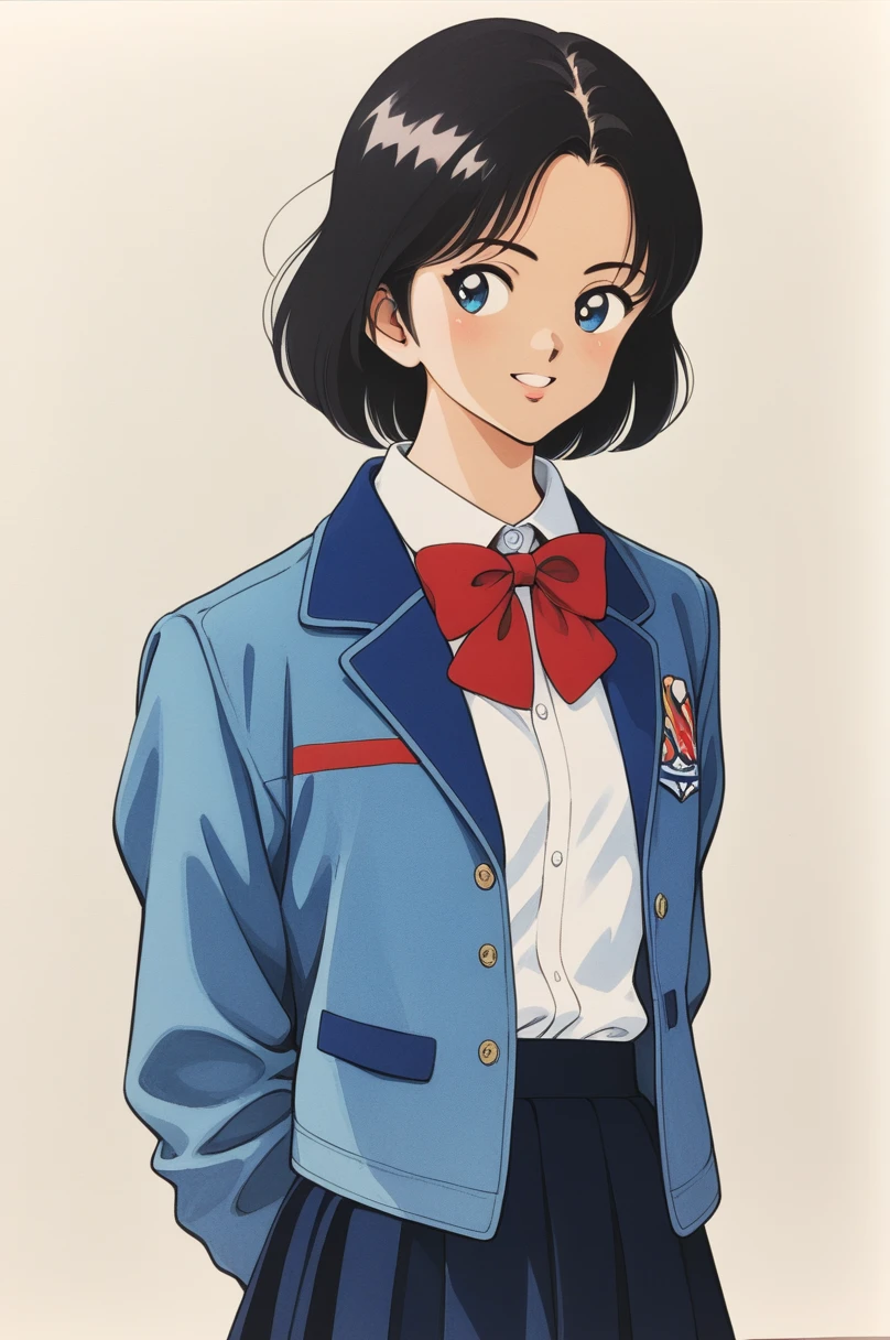 One girl,alone,Black Hair,short hair,bow,shirt,red bow,white shirt,Jacket,Long sleeve,bowtie,red bowtie,superiorper body,collared shirt,,blue Jacket,skirt,Traditional Media,score_9,score_8_superior,