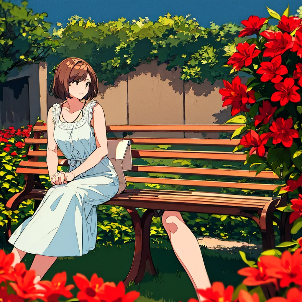 Light gray background Woman sitting on bench Red flowers Summer Brown short hair