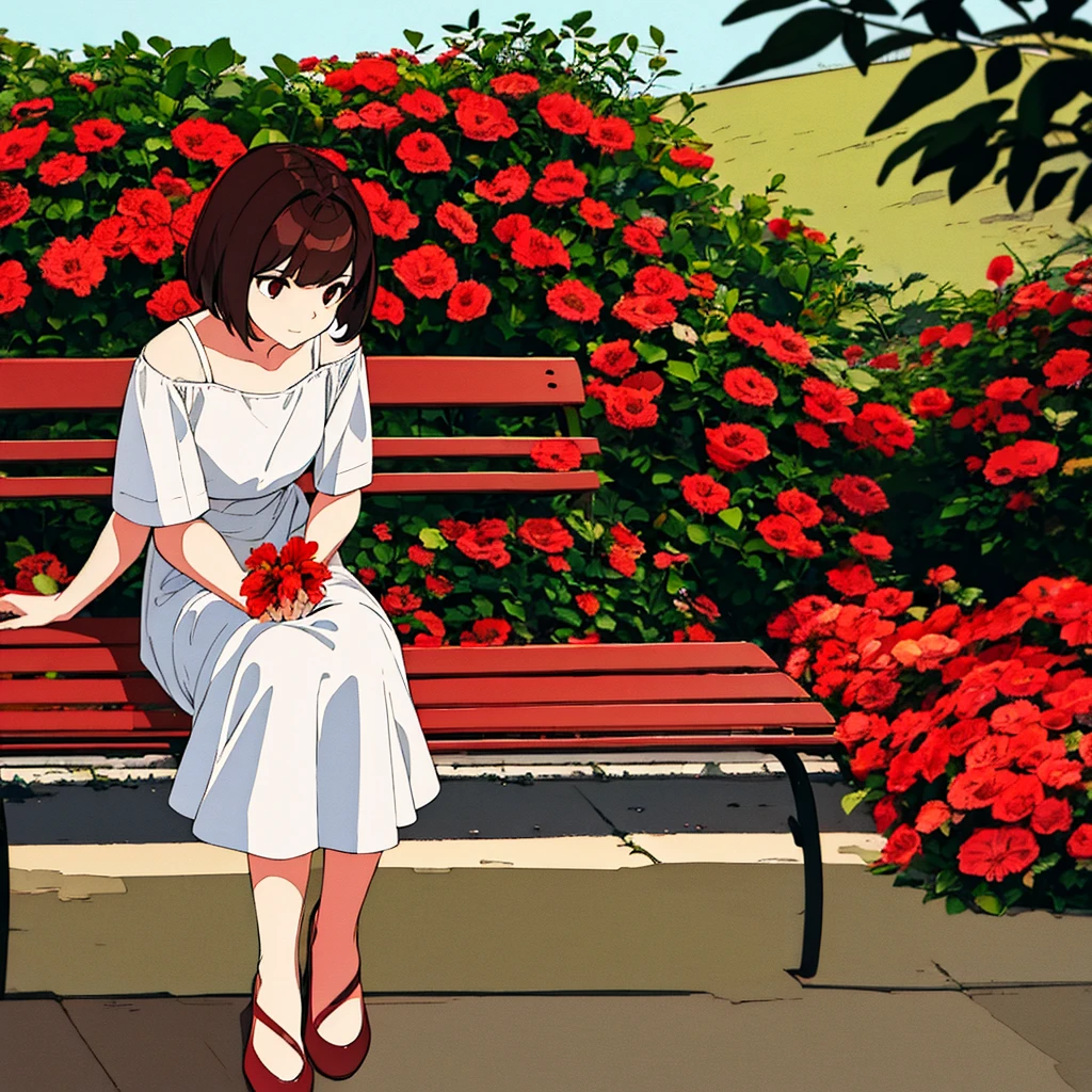 Light gray background Woman sitting on bench Red flowers Summer Brown short hair