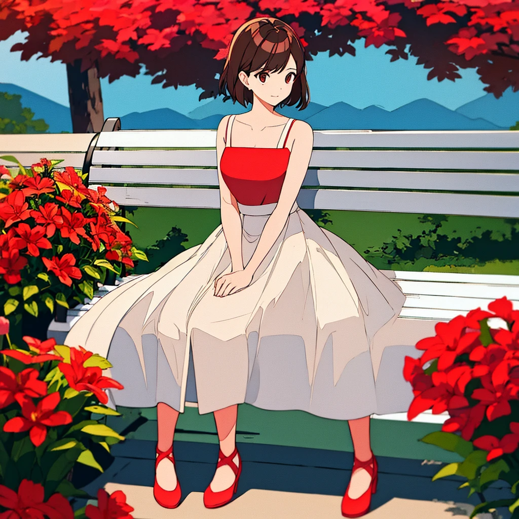 Light gray background Woman sitting on bench Red flowers Summer Brown short hair