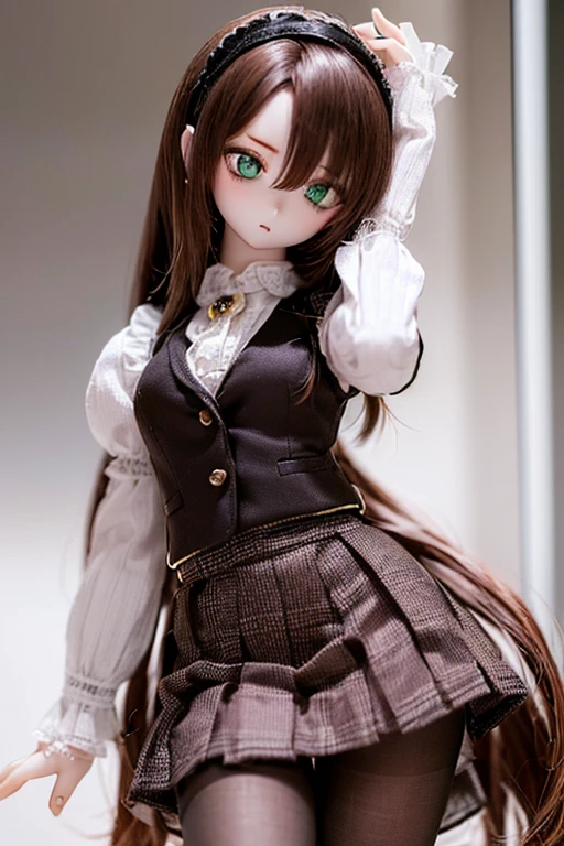 (SFW:2), photorealistic, realistic photo, 8k, ((highest quality)), ((masterpiece)), (extremely detailed), kukolnydom, doll, (mature woman, 21yo, 21 years old, solo:1.6), (cowboy shot, model pose, slim, slender, skinny, medium breasts, hairband, ascot, vest, shirt, puffy sleeves, pleated skirt, black pantyhose, green eyes, brown hair, long hair, plastic skin, looking at another, glass eyes, gradient eyes, shining eyes, detailed eyes:1.3)