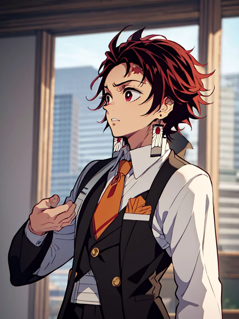 Close-up of a person wearing a suit and tie, handsome guy in demon slayer art, beautiful androgynous palsoce, Official art, delicate androgynous palsoce, Anime boy with orange hair, Profile photo 1024 pixels, Anime stylish visual key, Beautiful anime pose, Official artwork, also, Dabur is a demon dream, makoto shinka