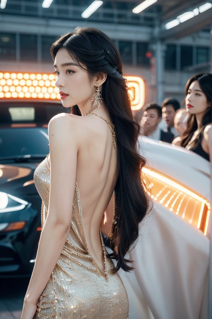 (((best quality))),(((ultra detailed))),(((masterpiece))),illustration,((1girl,gorgeous female model,solo)),((earrings,crystal necklace)),((slim,thin)),((bare back,towering hips,butt crack)),(standing:1.3),(beside a sleek futuristic car:1.3),(glamorres sparkled dress:1.3),intricate embellishments,drop-dead gorgeous,(shoulder length straight hair:1.2),vibrant piercing eyes,delicate facial features,rosy cheeks,parted res lips,confident allure,beauty grace,intricate patterns,shimmering fabric,elegant draping,complementary skin tone,radiates beauty,allure,sleek streamlined design,futurism,smooth curves angles,ambient lighting,ethereal aura,intricate patterns,LED lights,glow,sea of activity,(surrounded by crowded crowds:1.3),examine cars,electric atmosphere,cyberpunk style,excitement anticipation,energy palpable,enthusiasm future automobiles,modern elegance,technological innovation,captivating vibrant scene,invite viewers step into future,embrace beauty,((from back,upper body))