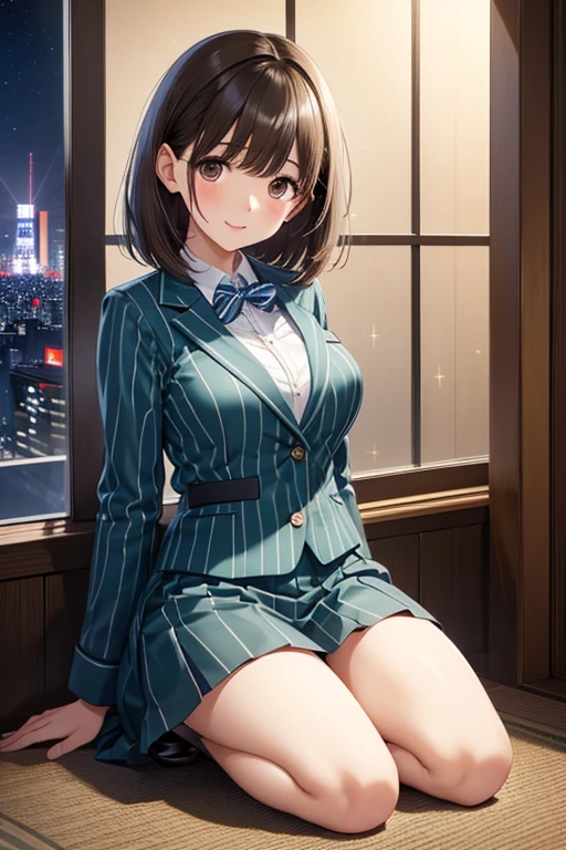 anegasaki nene、Shiny brown hair, short hair, (Beautiful brown eyes、Sparkling eyes, Fine grain)、smile、Ultra-detailed eyes、Very detailedな顔, Very detailedな目,


Highest quality, Great quality, 16K, Unbelievably absurd, Very detailed, 2.5D, delicate and dynamic, 
Tokyo Tower、Night view、window、office、Kneeling Woman、Pale green striped suit、Short skirt、、1 female、No makeup、23 years old、（masterpiece、8k,RAW Photos、High resolution:1.4）