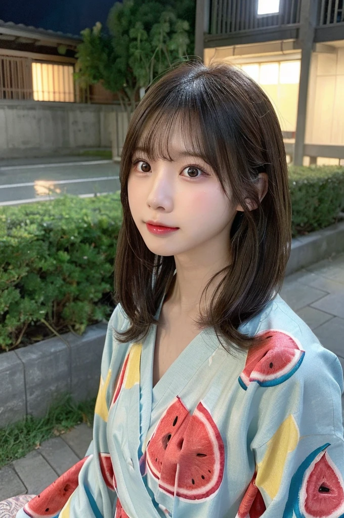 She has a watermelon hair ornament on her head.、yukata、(Highest quality,masterpiece:1.3,Ultra-high resolution,),(Very detailed,Caustics),(Realistic:1.4,RAW shooting,)Ultra-Realistic Capture,Very detailed,High resolution 16K suitable for human skin、 Natural skin texture、、Skin tone is even and healthy looking、 Use natural light and colour,One Woman,Japanese,,cute,Mid-length hair,(Written boundary depth、chromatic aberration、、Wide range of lighting、Natural Shading、)、(Outdoor lighting at night:1.4)、(Hair swaying in the wind:1)、（Exposure:3.0）、