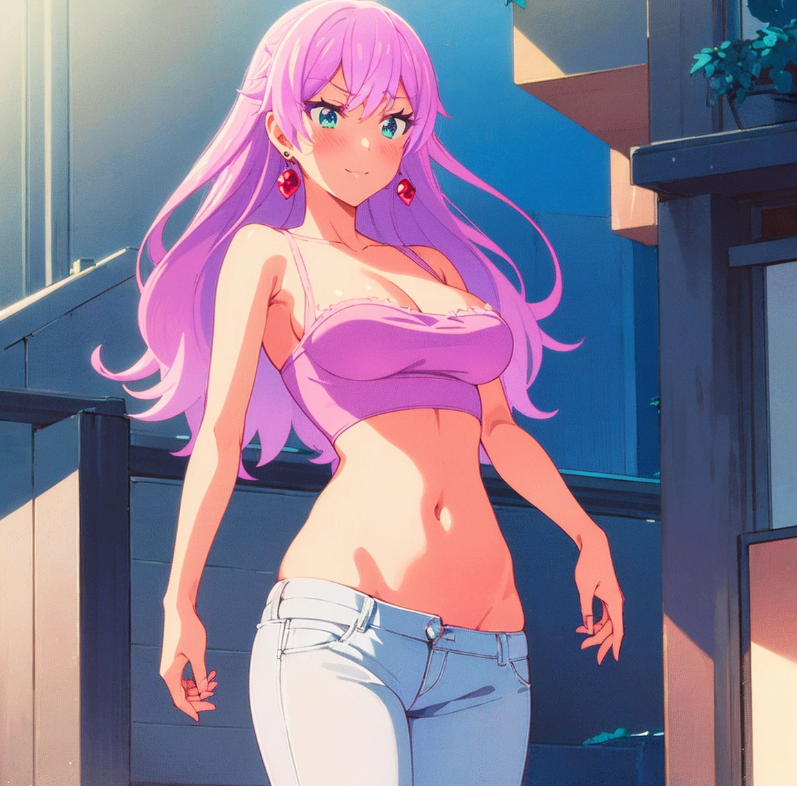 ((1girl)),((alone)), akari watanabe,(masterpiece), (best quality), (ultra detailed), (best illustration), (best shadow), (absurdities), sharp focus, cowboy photo , looking at viewer, big breasts, narrow waist, wide hips, medium thighs, round butt, dynamic posture, long hair, pink hair, blue eyes, , jewelry, earrings, pink top with white lace, tight top, neckline, collarbone, bare shoulders, waist, navel, denim jeans, skinny jeans, pink heels, smiling, playful look, seductive smile, closed mouth, serious expression, ( sexy pose: 1.2), ((solo)), standing: 1.3, outdoor, night, cityscape, city, streets, city lights, looking forward, ((focus on thighs), point of view (from below), red blush, perfect anatomy, perfect hands.