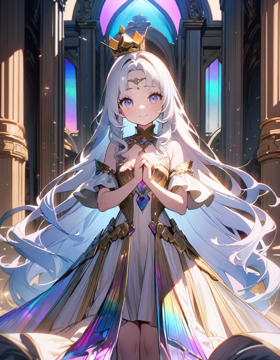 (8K, best quality, master piece: 1.2),super high resolution,1 girl is Aphrodite,18yo,solo,detailed cute face, pretty baby face, ultra cute kawaii, smile,detailed eyes,white hair,long hair,arched little crown,(Aphrodite),Gold Dress,straight hair,(iridescent light:1.4),standing,praying hands,Palace of the Gods