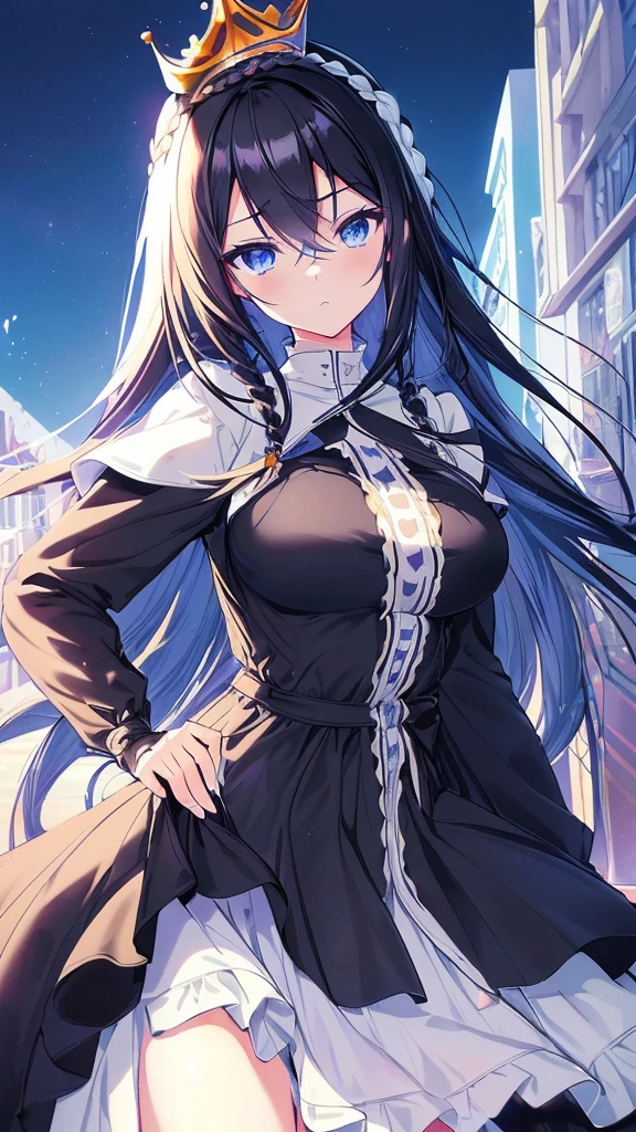 best quality, extremely detailed,anime style girl,long hair down to the waist, straight hair, ((dark black hair with bluish)),((crown braid)),beautiful detailed eyes, pinched eyes, (dark blue eyes),huge breasts,curvy,((((white main casual princess dress)))),((colorful casual wear)),clothing with complex patterns,cool expression,((((western street)))),Sunlight,((Diagonal angle))