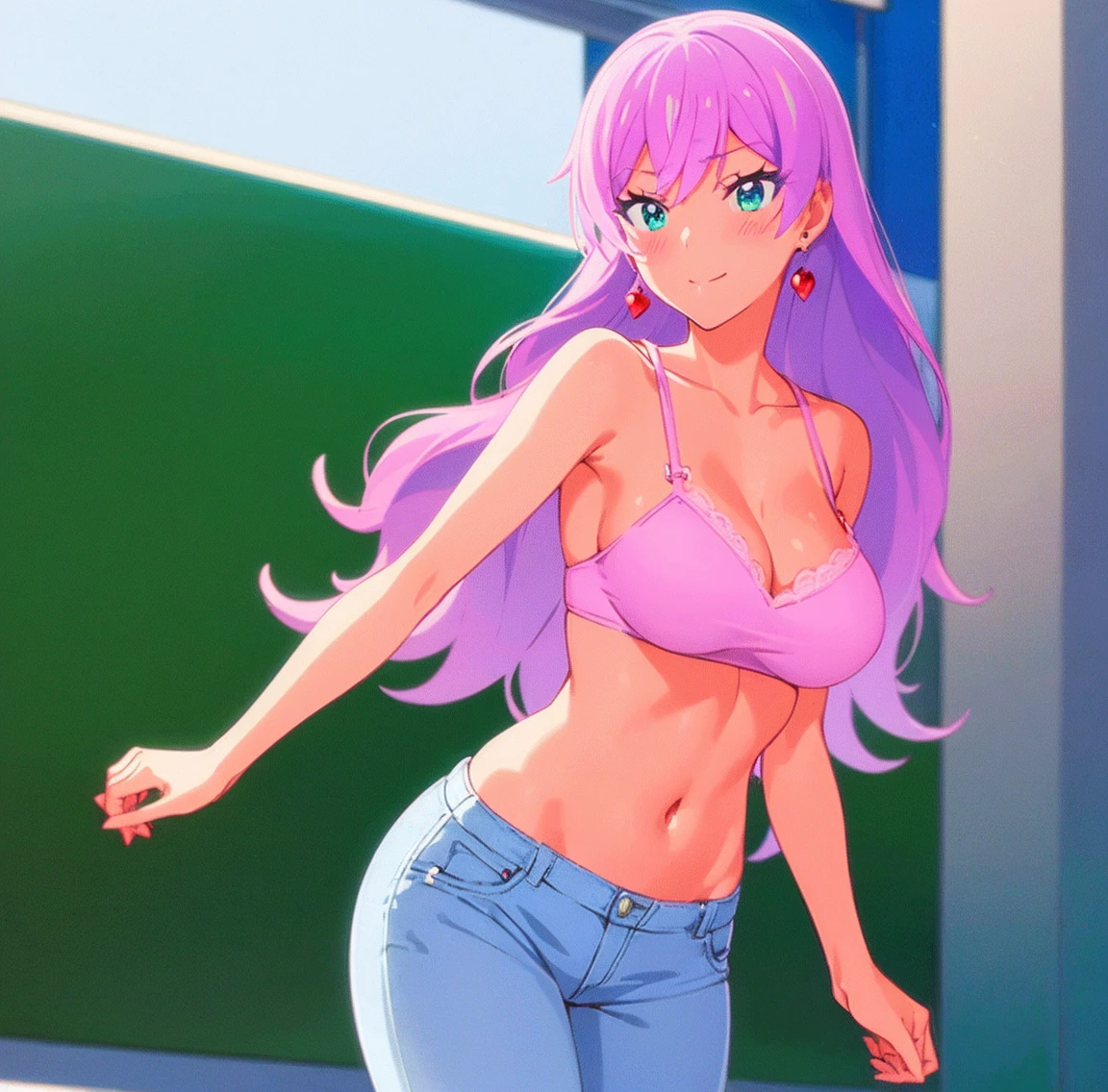 ((1girl)),((alone)), akari watanabe,(masterpiece), (best quality), (ultra detailed), (best illustration), (best shadow), (absurdities), sharp focus, cowboy photo , looking at viewer, big breasts, narrow waist, wide hips, medium thighs, round butt, dynamic posture, long hair, pink hair, blue eyes, , jewelry, earrings, pink top with white lace, tight top, neckline, collarbone, bare shoulders, waist, navel, denim jeans, skinny jeans, pink heels, smiling, playful look, seductive smile, closed mouth, serious expression, ( sexy pose: 1.2), ((solo)), standing: 1.3, outdoor, night, cityscape, city, streets, city lights, looking back, from behind, ((focus on ass), point of view (from below), red blush, perfect anatomy, perfect hands.