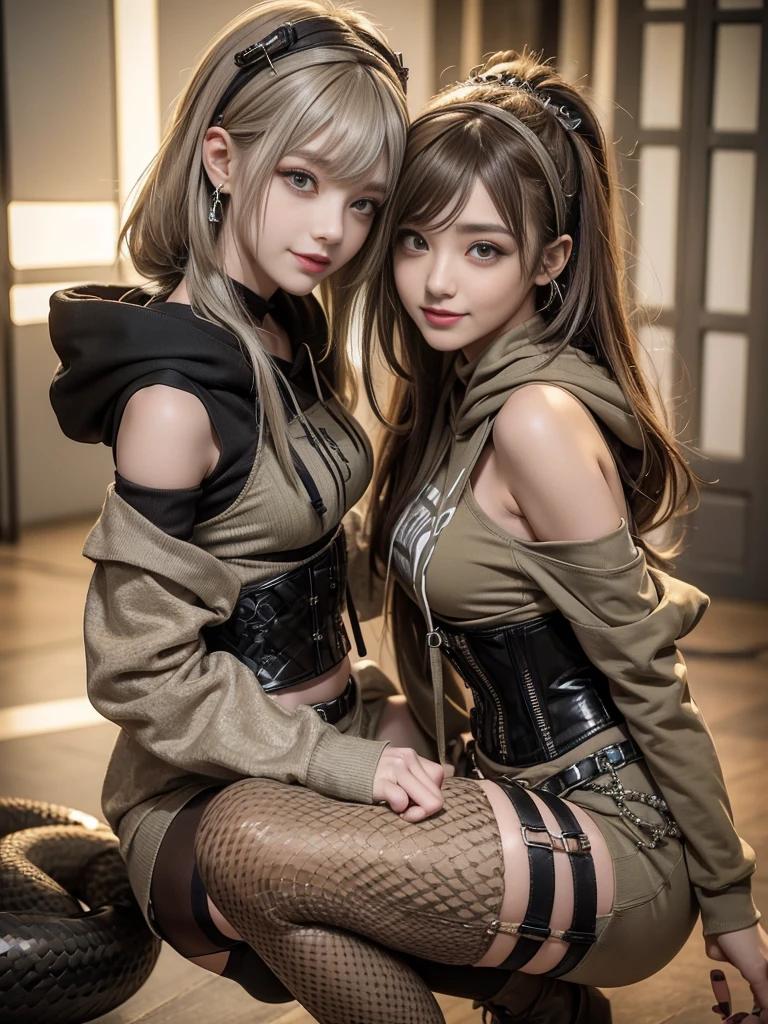 (Smiling with teeth showing:1.3),(Shibuya Gal:1.5)、(Popular idol unit style:1.5)、(Neo-goth fashion:1.5)、(Punk RockVisual Kei:1.5)、(An off-the-shoulder hoodie in khaki and brown with delicate silver accessories.:1.5)、(A corset with a delicate beige and brown design:1.4)、(Dark grey, khaki and brown snakeskin bodysuit:1.5)、(Snake print headband:1.3)、(Beige and charcoal knee socks:1.4)、Embellished collar and long boots、(I&#39;m selling snake print underwear.:1.4)、(Long eyelashes:1.3)、(20-year-old)、((Highest quality、8k、masterpiece:1.3))、1 Female、Slim and beautiful abs:1.3、(hairstyle casual、Beautiful boobs:1.1)、(Doing an aerobics pose:1.3)、dress:1.1、Super small face、Narrow eyes、double eyelid、A sloppy smile、Esbian all over body、Dynamic Angle、Close-up、CPL Filter、Blurred Background、Bokeh、Blue Hour、Detailed face and skin texture、Detailed eyes、,(Twin tails:1.3)、(Black brown hair:1.3)、Gravure idol、(The background is a glamorous dance hall:1.3)、(Make your legs thinner:1.4)、(Slim Body:1.3)、(clavicle:1.1)