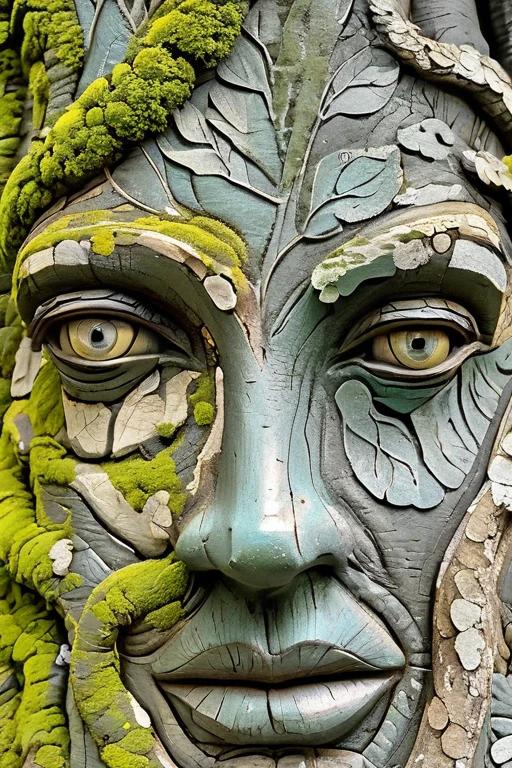 woman in a mythical forest, work of art, face perfect, details Intricate, horror themed tree bark, lichen, texture,