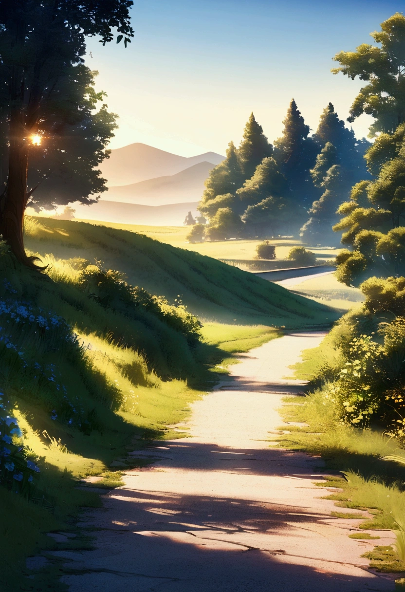 Fantasy,unmanned,background,Plains,Horse driveway,wood々,Beautiful blue sky,Light of the sun,A few small clouds,Daytime scenery,The meandering road,in the morning,Plains,,