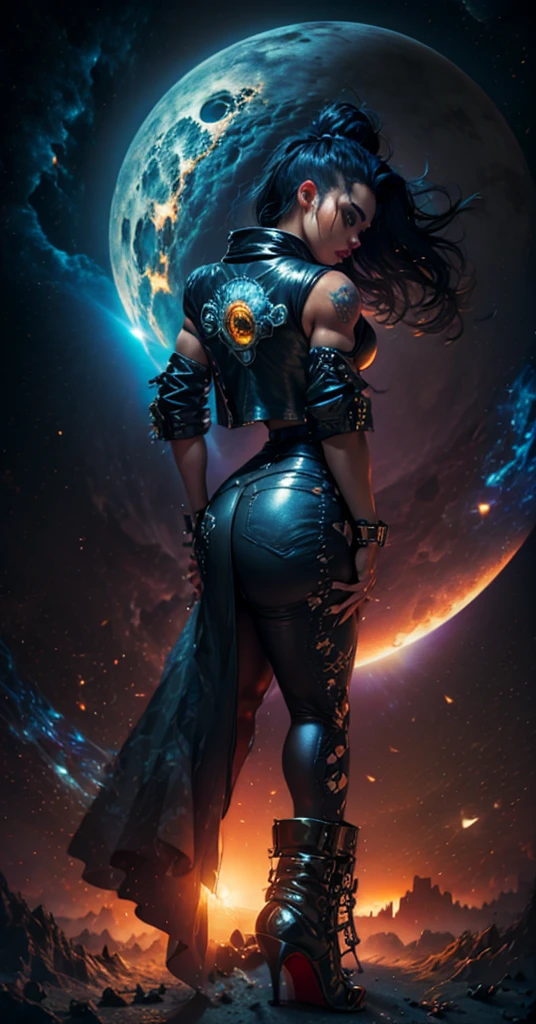 Tall Tough tattooed 40yo latina biker chick, Adult Model Daisy Marie with two strong legs dancing swirling twirling almost collapsing on Saturn's moon Calisto, looking like a creation that could actually survive there, wearing black leather graphics jacket and long leather-like denim dress that touches the ground split in the middle for riding, magic, art, wind, wind blown, spark, lightshow, fireflies, watching the rise of the distant Sun, with Saturn fully visible in the foreground, 36k resolution Kodak professional photography, hyperdetailed, Waiting to start